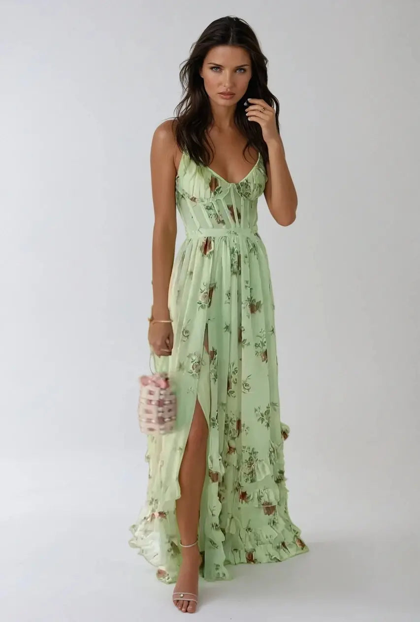 Vivienne | Boho-Maxikleid mit Rüschen & Schlitz